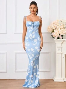PARTHEA 女士印花褶皱前系带修身优雅连衣裙 - 藍白色 - 查看 6