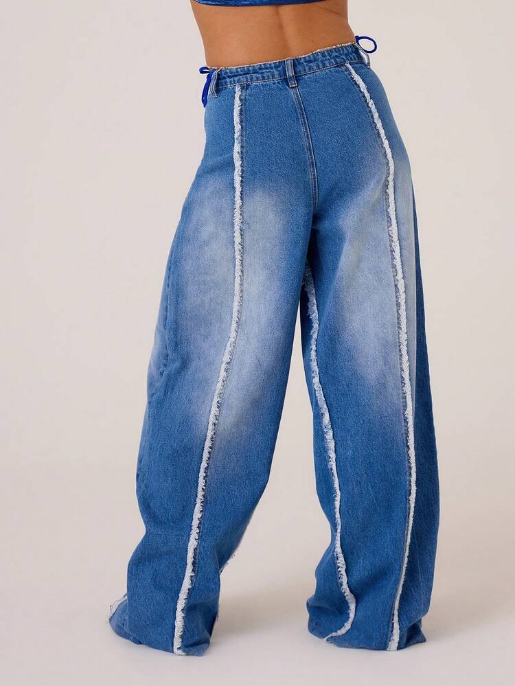 Denim Distressed Seam Wide Leg Jeans Spring Summer