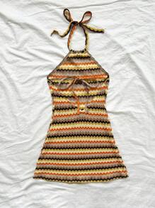 Soleia Holiday Halter Neck Backless Color-Block Texture Dress,Sun Dress