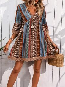SHEIN LUNE Women Vacation Loose Floral Print V-Neck Ruffled Sleeve Dress