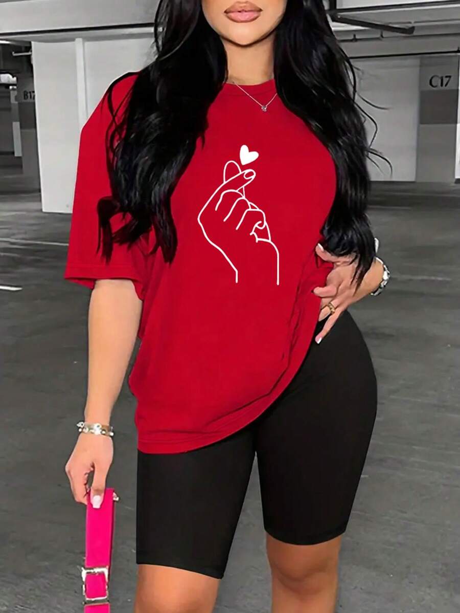 Set de 2 piezas con diseño de verano nuevo: Camiseta casual y pantalones cortos versátiles con estampado manual en forma de corazón para mujeres - Multicolor - Ver 1