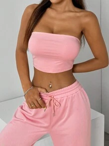 SHEIN EZwear Bộ áo crop top và quần quây màu trơn cho nữ, đơn giản và giản dị - Hồng - Xem 3