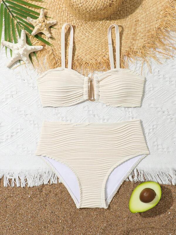 Tween Girl Fashionable Summer Solid Textured Bikini Set Summer Beach