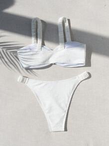 SHEIN Swim مجموعة بيكيني بلون سادة نسج مضلع لشاطئ الصيف - أبيض - مشاهدة 7