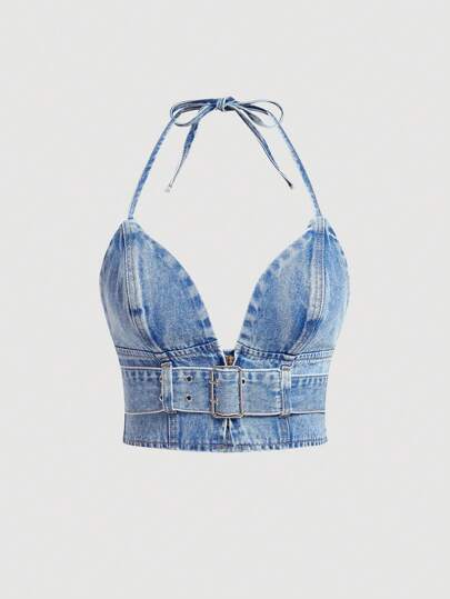 SHEIN MOD Women Summer Casual Denim Top With Metal Grommet Decorated Neck Tie