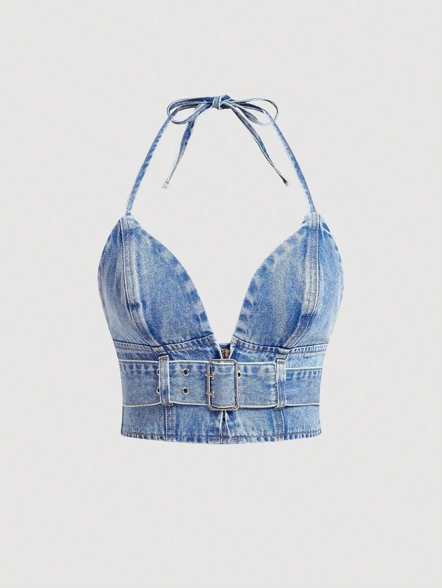 SHEIN MOD Women Summer Casual Denim Top With Metal Grommet Decorated Neck Tie - Medium Wash - View 1