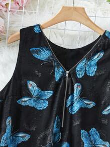 SHEIN Clasi 女式蝴蝶印花無袖洋裝,前面拉鍊裝飾 - 彩色 - 查看 8