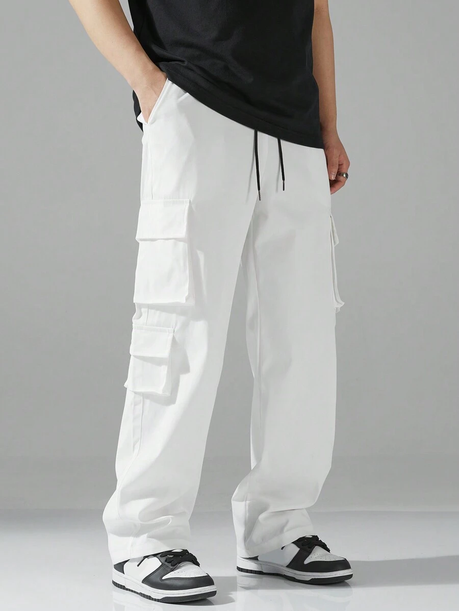 Manfinity EZcore Męskie spodnie z szerokimi nogawkami, ściągaczem w pasie i prostym krojem, długie, gładkie, białe, idealne na wyjścia i jesień