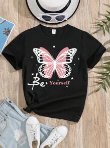 SHEIN 青少女短袖圓領蝴蝶圖案休閒T恤 - 黑色 - 查看 1
