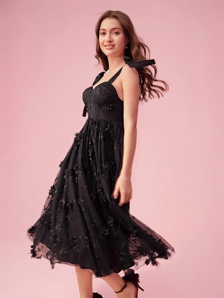 Women Summer Elegant Spaghetti Strap Dress With 3D Floral Decoration, Mesh Contrast And Ruffled Hem