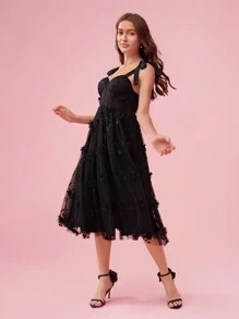 Enchnt Women Summer Elegant Spaghetti Strap Dress With 3D Floral Decoration, Mesh Contrast And Ruffled Hem