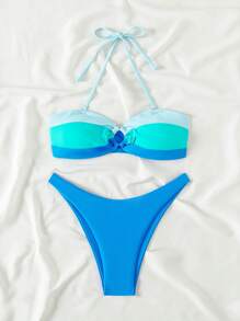 SHEIN Swim Vrouwen Color-Block Bikini Set Met Sexy Halterband En Ronde Ringen Verbinding, Perfect Voor Strandvakantie Zomer