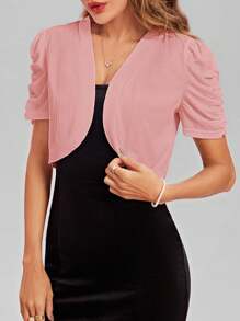 SHEIN Clasi Women Short Bubble Sleeve Solid Color Open Front Cropped Jacket For Summer In Fall/Winter - Dusty Pink - View 3