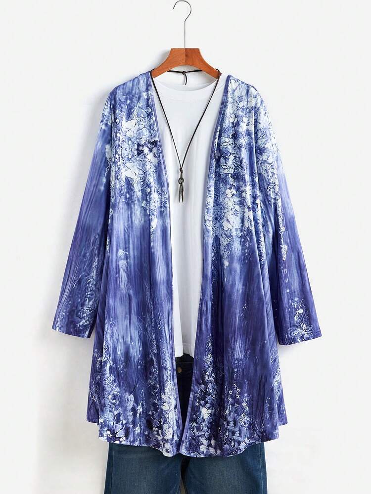 Plus Size Women Vacation Floral Printed Long Sleeve Tie Dye Open Front Jacket