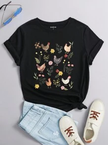 SHEIN LUNE Mujeres camiseta colorida impresa con mangas cortas y cuello redondo, simple y perfecta para uso diario - Negro - Ver 7