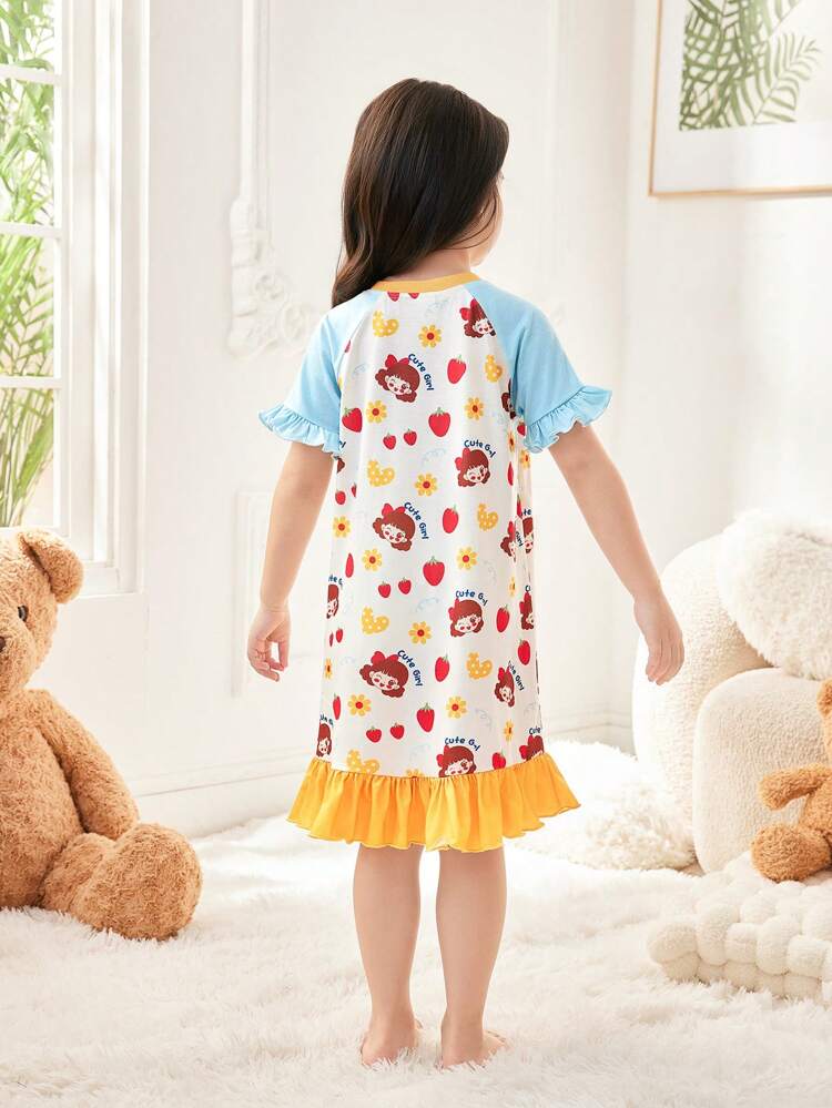 Young Girl Lovely Princess Style Color-Blocking Puff Sleeve Ruffle Trim And Home Wear Dress