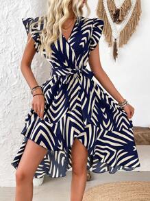Breezaya Women Fashionable Summer Striped And Printed Overlapping V-Neck Cap Sleeve Asymmetrical Hem Dress Maxi Vacation Beach Outfit - Navy Blue - View 3