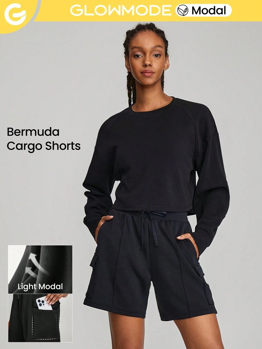 GLOWMODE SoftSerene Modal Bermuda Cargo Pocket Drawstring Shorts Daily Casual Lounge - Black - View 1