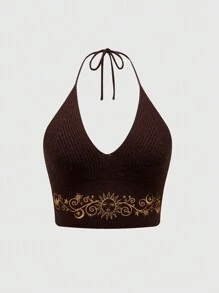 ROMWE Hippie Áo dệt kim nữ có dây đeo cổ in hình mặt trời và mặt người - Cà phê nâu - Xem 1