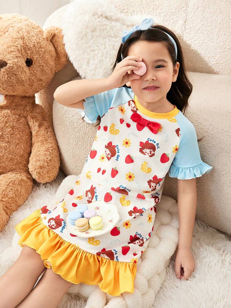 Young Girl Lovely Princess Style Color-Blocking Puff Sleeve Ruffle Trim And Home Wear Dress