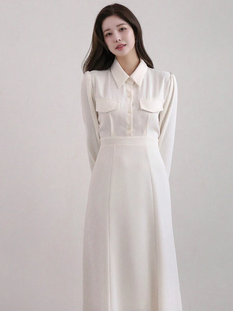Ladies" Solid Color Long Sleeve Shirt Collar Dress,Fall Dress