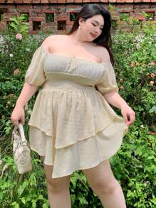 Dazy Plus Plus Size Polka Dot Fabric Square Neck Short Sleeve Short Dress With Cinched Waist Sundress,Mini Dress Cruise Outfit For Women - Apricot - View 7