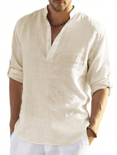 Camisa henley de manga enrollada con patrón de moneda retro y vintage para hombres - Ligera, transpirable y versátil para uso casual en todas las estaciones