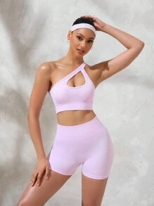SHEIN Sport Studio Summer Solid Color Rib-Knit Hollow Out One-Shoulder Top And Wide Waist Short Shorts Seamless Slim Fit Sportswear Set