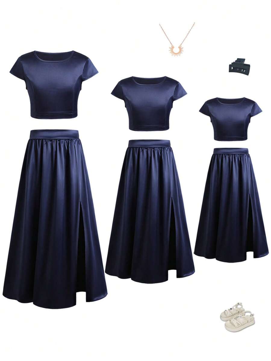 青少年女孩短袖圓領T恤和長分裂擺擺裙，深藍色與家庭配套服（分開售賣3套） - 藏蓝色 - 查看 1