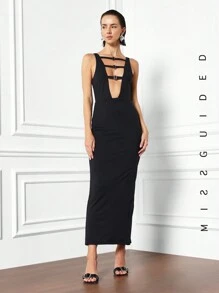 MISSGUIDED Váy Midi cổ khoét sâu bằng kim loại - màu đen - Xem 1