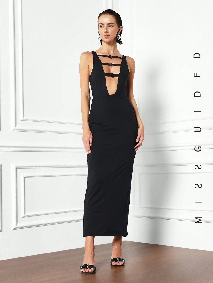 MISSGUIDED Váy Midi cổ khoét sâu bằng kim loại - màu đen - Xem 1