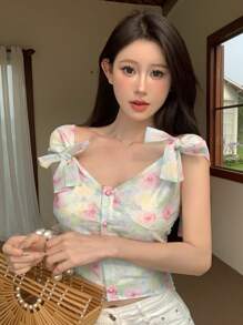 Dazy Designer 女士花卉裹背十字设计感上衣 巡航女士服装图案 T 恤，波西米亚风上衣 - 彩色 - 查看 5