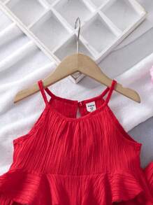 SHEIN Young Girl Summer Solid Color Ruffle Hem Cami Top And Wide Leg Pants Loose Two Pieces Set Red Young Girl Set - Red - View 3