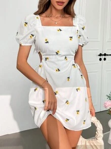 SHEIN Privé 女士黃色刺繡公主袖短款A字裙