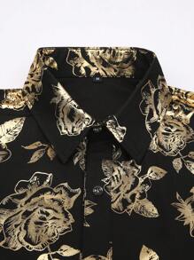 男士花卉印花长袖衬衫，秋季 - 黑色和金色 - 查看 5