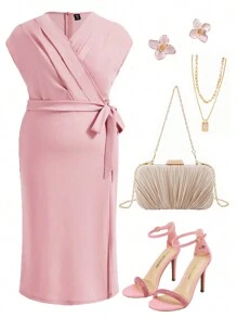 SHEIN Clasi 大尺碼女性夏季優雅百摺蝙蝠短袖連衣裙 - 粉色 - 查看 7