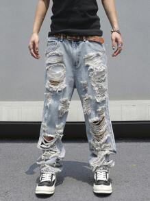 GALLERY FADE Men Fashionable Loose Fit Jeans With Grinding And Ripped Details, Frayed Jeans Plain Long Straight Leg Ripped Light Blue Cargo Jeans, For Husband, Boyfriend Gifts Going Out Hang Out College Street Work, Emo Style - Light Wash - View 6