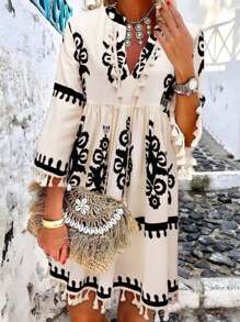 SHEIN LUNE Women Summer Apricot Positioning Flower Fringed Dress Hawaiian Style