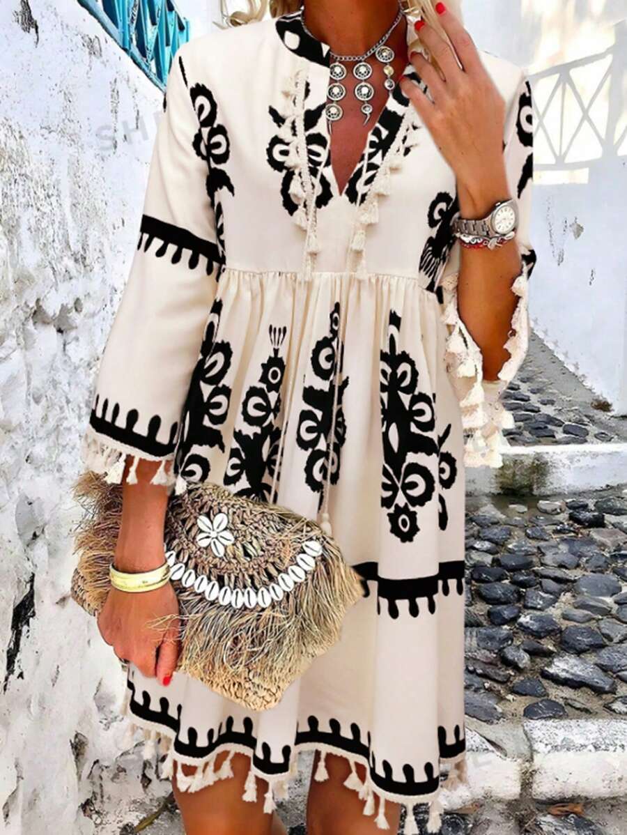 SHEIN LUNE Women Summer Apricot Positioning Flower Fringed Dress Hawaiian Style