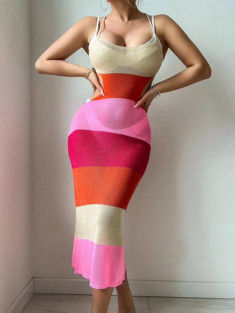 Women Colorblock Sleeveless Dress With Hollow Out Waist And Long Cover-Up Summer
