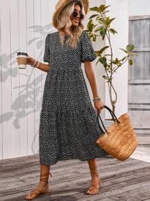 EMERY ROSE 波尔卡圆点印花分层泡泡袖连衣裙，宽松休闲教师连衣裙，黑色优雅连衣裙长款女装 - 彩色 - 查看 6