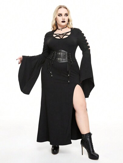 Robe longue fendue au col en V profond avec manches trompette, décorée d'une étoile à cinq branches gothique sombre sur la poitrine, grande taille