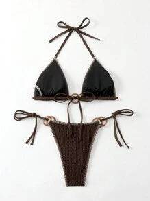 Swim SXY Women's Contrast Stitching Swimsuit Set, Suitable For Beach & Vacation - Chocolate Brown - View 7