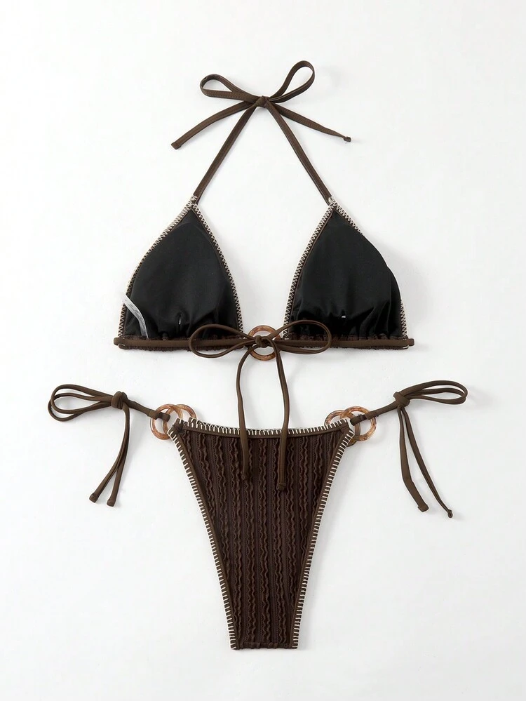 Women's Contrast Stitching Swimsuit Set, Suitable For Beach & Vacation