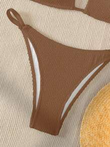 SHEIN Swim Summer Beach Women Solid Color Simple Daily Separated Bikini Set - Coffee Brown - View 4