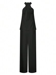 Solid Color Halter Neck Backless Shoulder-Baring Top And Wide Leg Pants Outfit For Everyday Spring/Summer Wear - Black - View 2