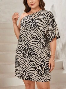 SHEIN Privé Plus Size Asymmetrical Neck Zebra Printed Summer Dress, Perfect For Travel, Vacation, Daily Wear And Date - Khaki - View 4