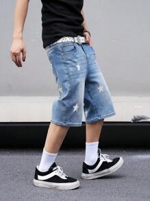 Manfinity EMRG 男士夏季休閒星星印花牛仔短褲，帶口袋