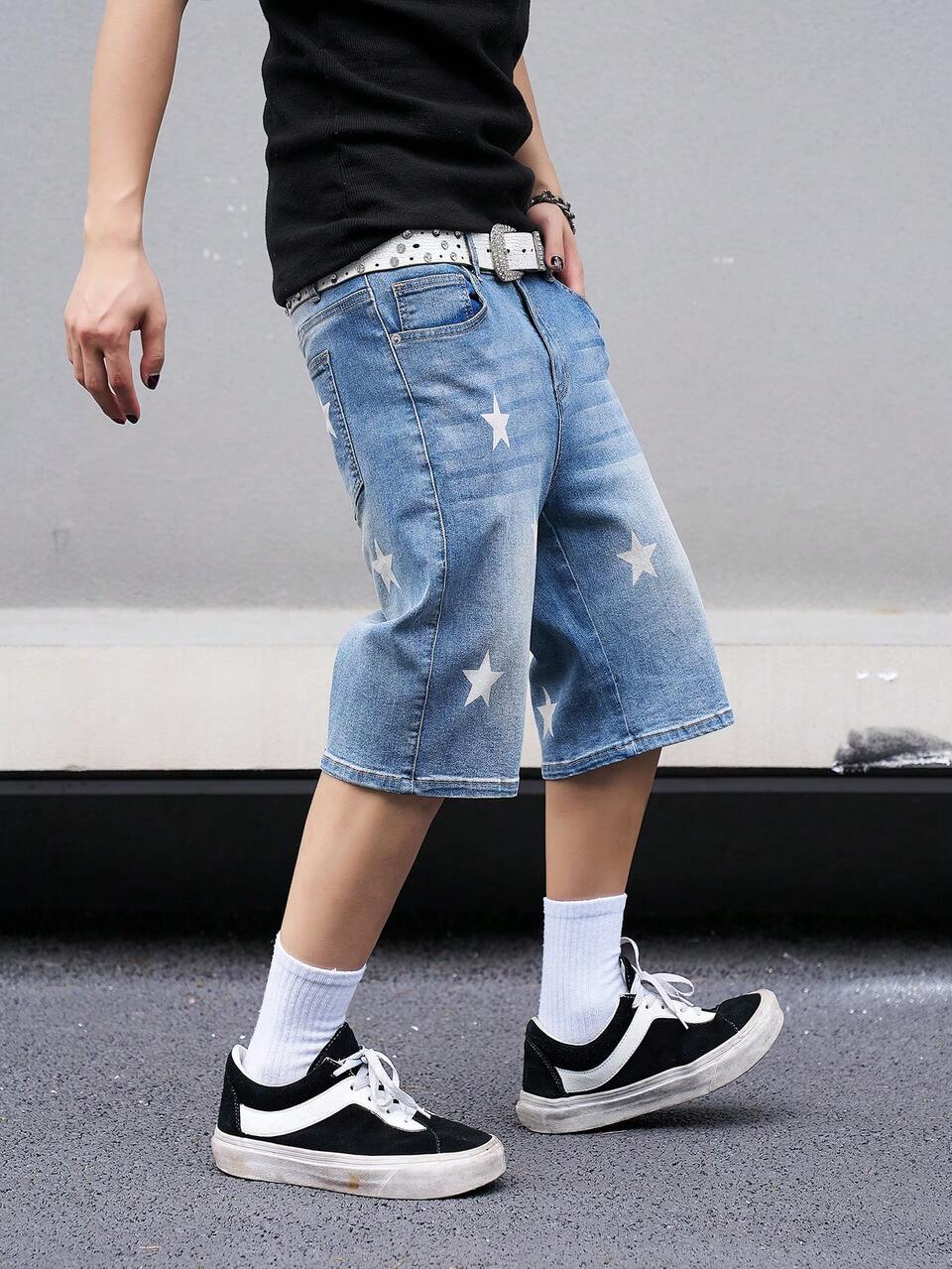 Men Summer Casual Denim Shorts With Star Print And Pockets