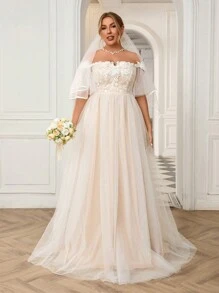 SHEIN Belle Plus Size lệch vai Váy cưới chữ A ren hoa 3D đính cườm nặng - trắng - Xem 3